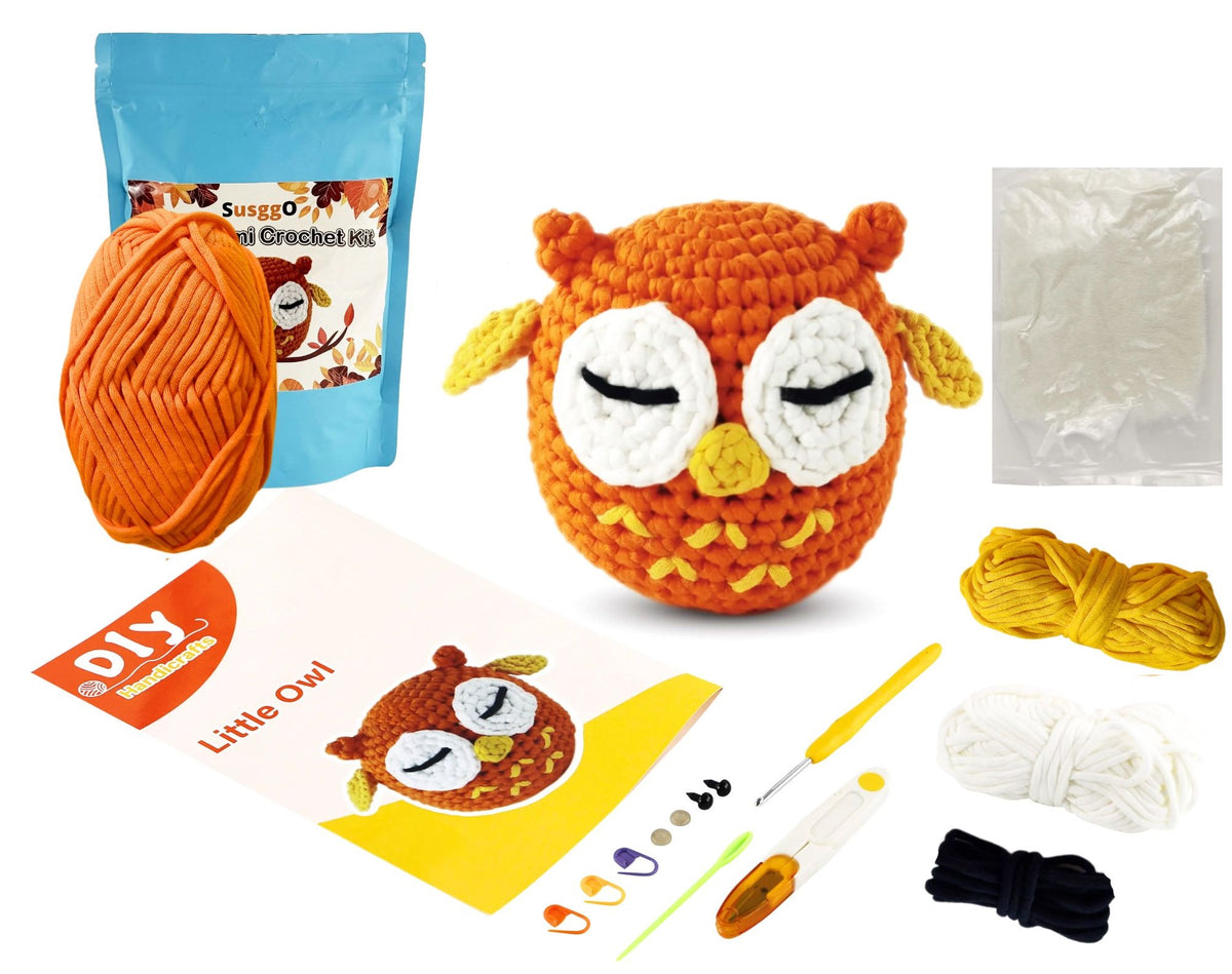 Kit de amigurumi Enzo el búho para tejer a ganchillo con trapillo, ideal para principiantes