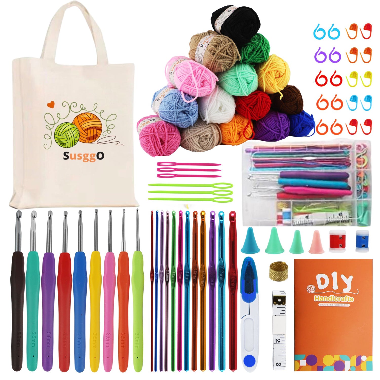 Kit de crochet completo de 73 piezas para principiantes con lanas de algodón y ganchillos