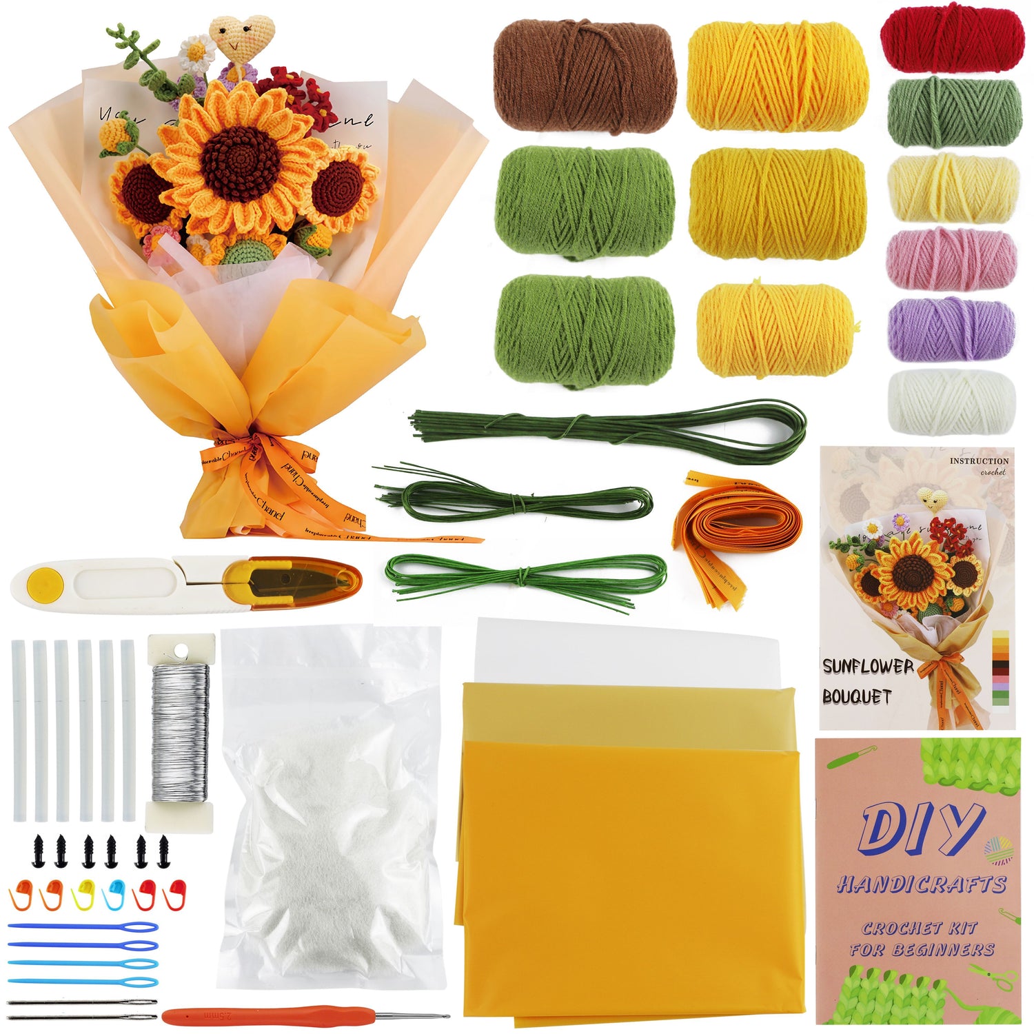 Kit de amigurumi ramo de flores girasoles para tejer a ganchillo, ideal para principiantes